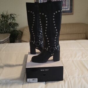New Nine West Black Heeled Boots with Silver Studs